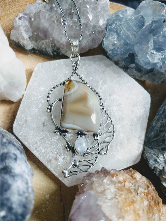 Botswana agate necklace with rainbow moonstone pendant  in 925 silver crystal healing natural stone