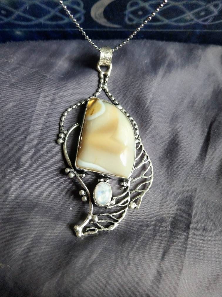 Botswana agate necklace with rainbow moonstone pendant  in 925 silver crystal healing natural stone