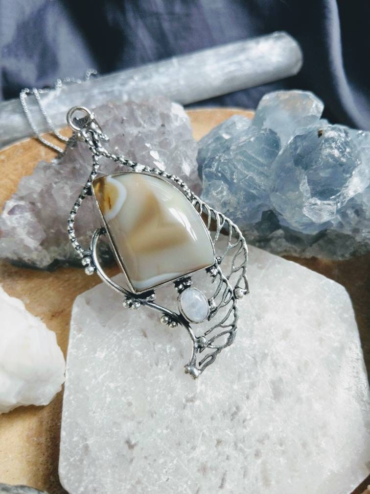 Botswana agate necklace with rainbow moonstone pendant  in 925 silver crystal healing natural stone