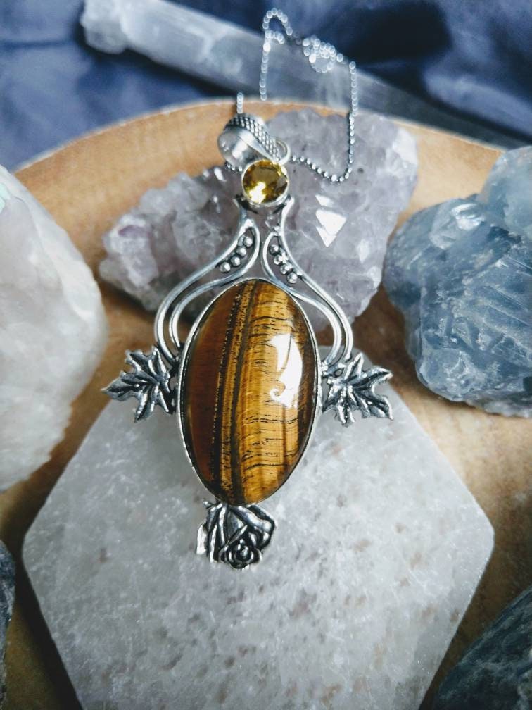 tigers eye necklace with citrine 925 silver pendant crystal healing natural stone