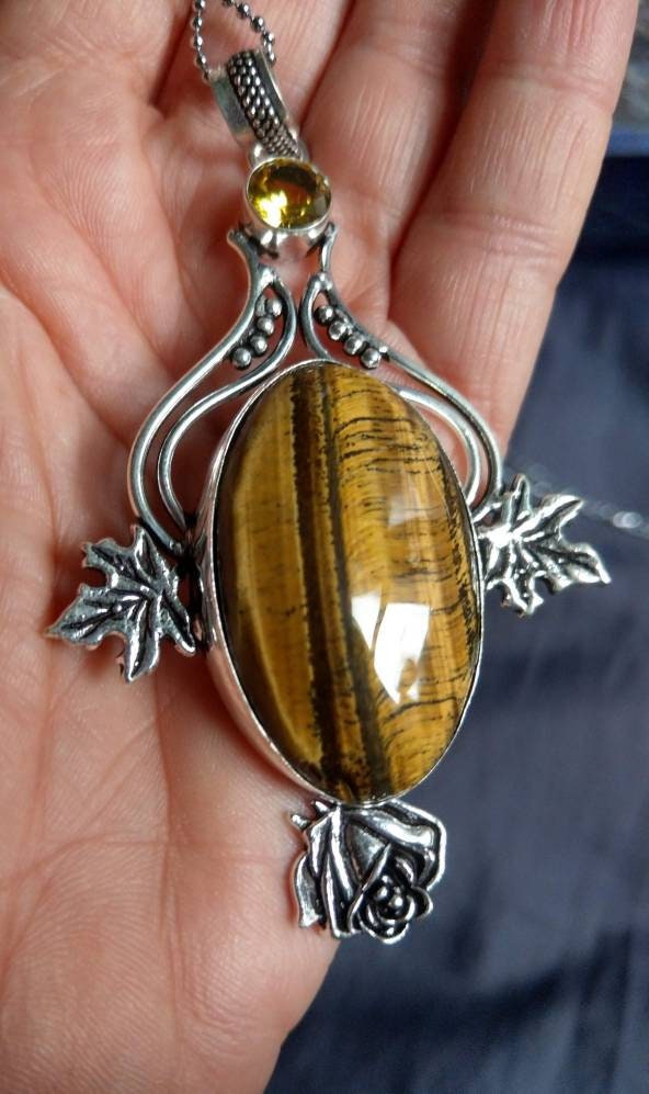 tigers eye necklace with citrine 925 silver pendant crystal healing natural stone