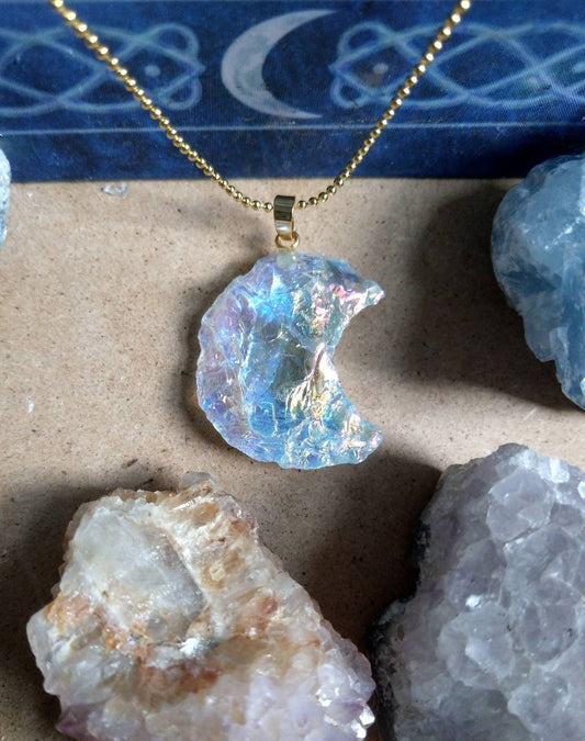 Angel Aura Quarter moon Raw pendant necklace celestial jewelry - Master Healer, Amplifier, Creativity, Attunement, Romance