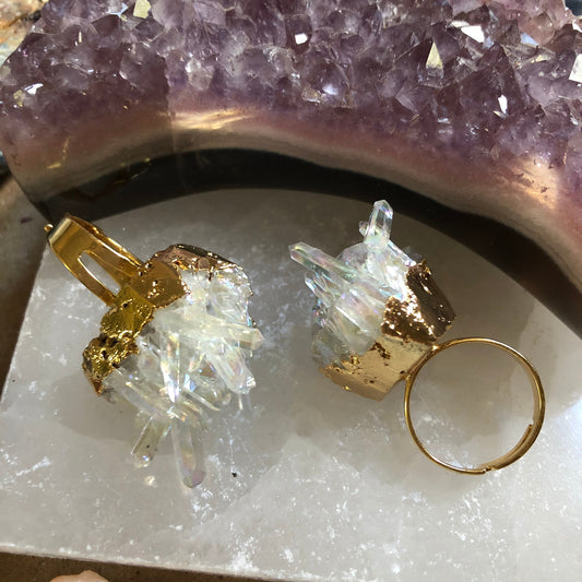 Angel Aura Quartz Cluster adjustable ring crystal healing witchy jewellery for her being jewelry for women