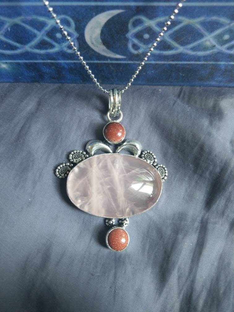 rose quartz and goldstone pendant necklace in 925 silver crystal healing jewelry natural Stone