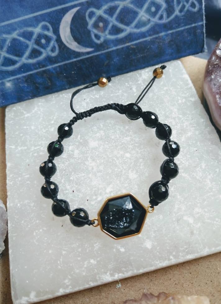 Black Tourmaline adjustable bracelet with faceted druzy stone crystal healing gift for her sparkling jewellery