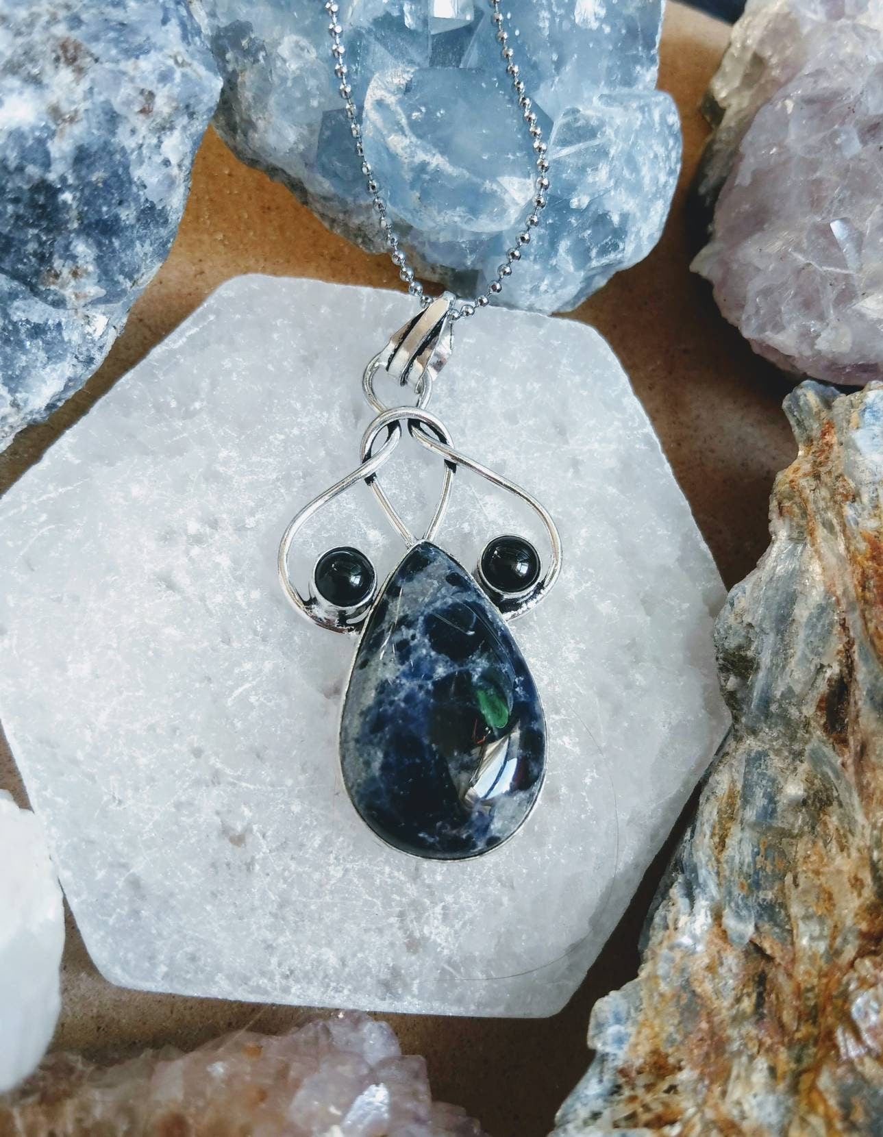 sodalite and black onyx pendant necklace in 925 silver, crystal healing natural stone statement jewellery