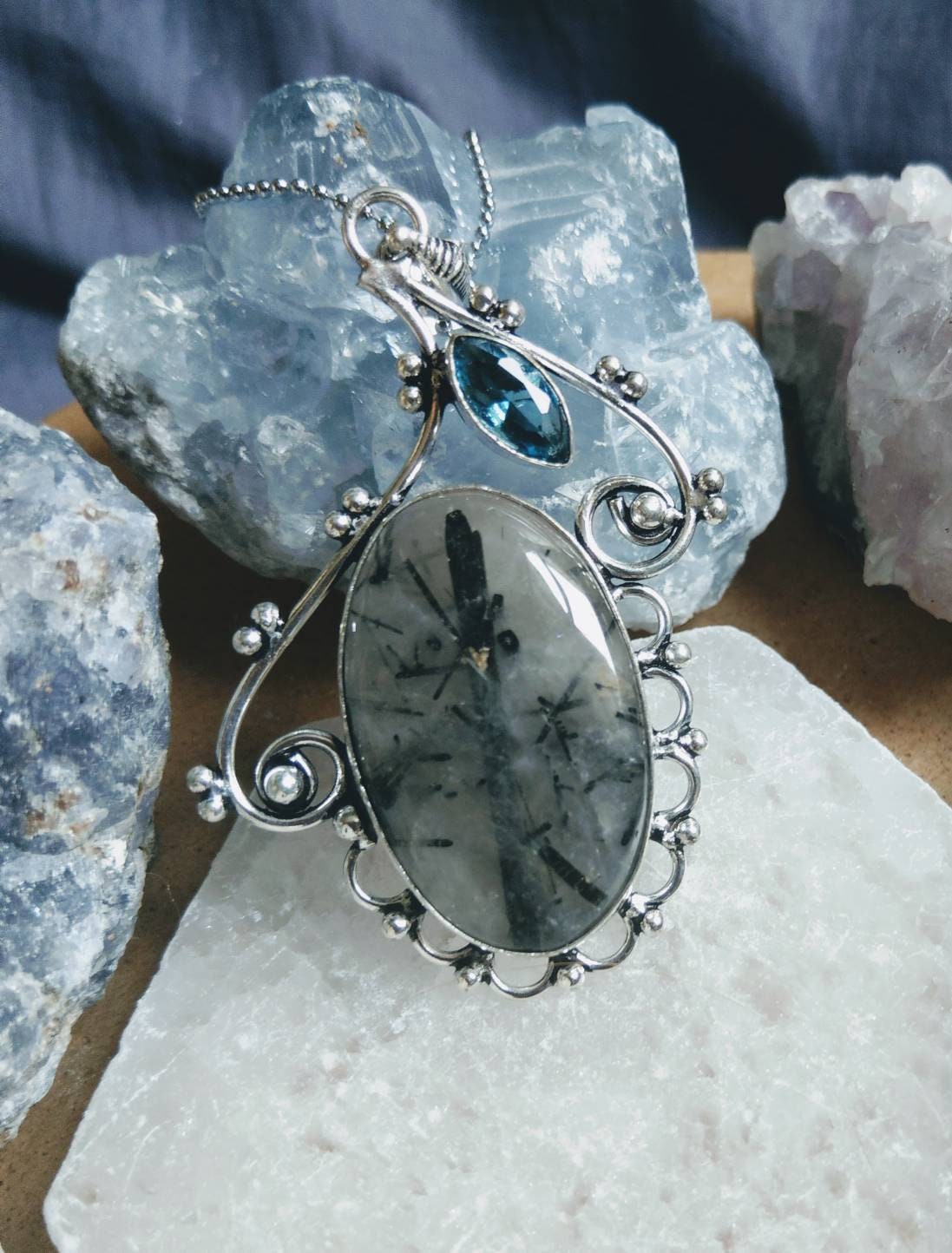 Rutilated quartz necklace with blue topaz 925 silver pendant crystal healing natural stone