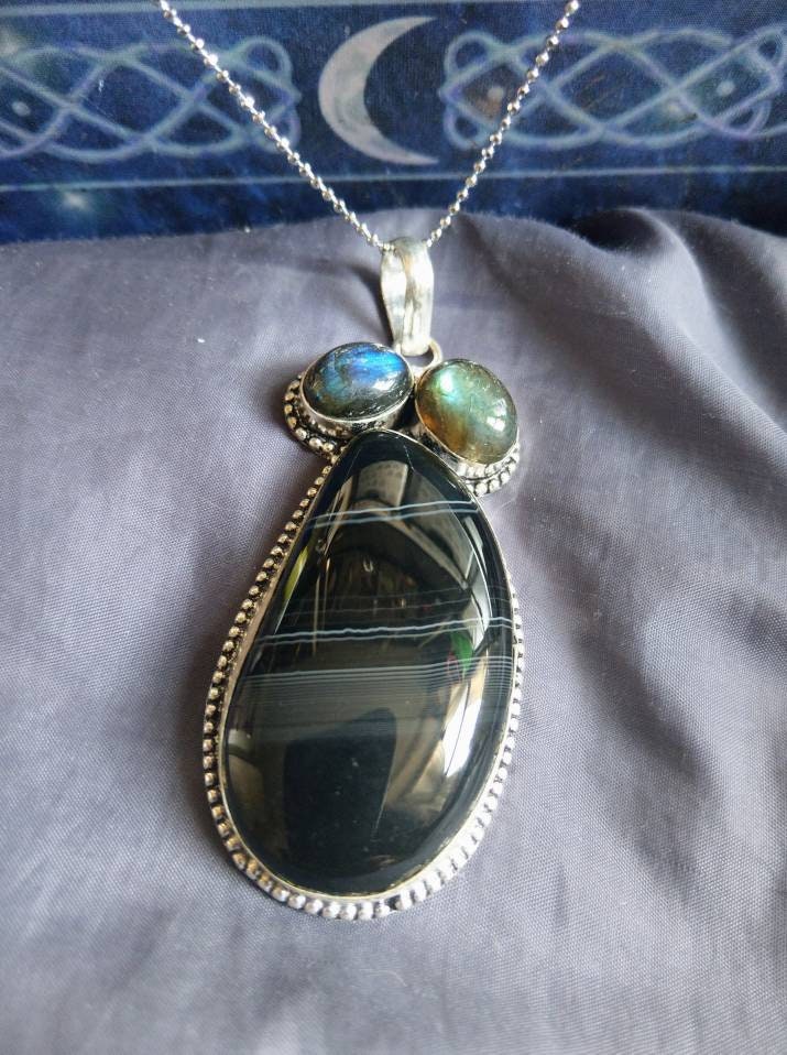 Botswana agate necklace with labradorite 925 silver pendant crystal healing natural stone