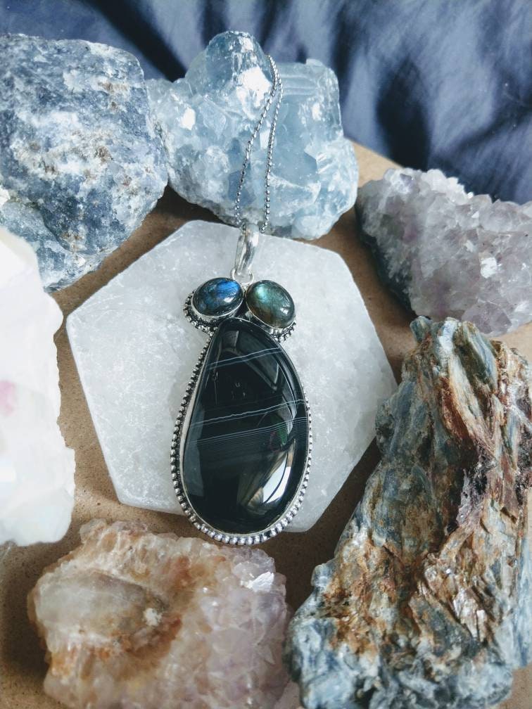 Botswana agate necklace with labradorite 925 silver pendant crystal healing natural stone