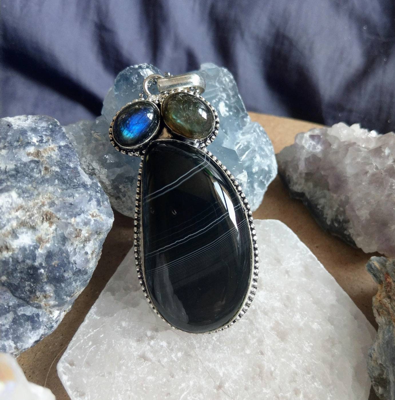 Botswana agate necklace with labradorite 925 silver pendant crystal healing natural stone