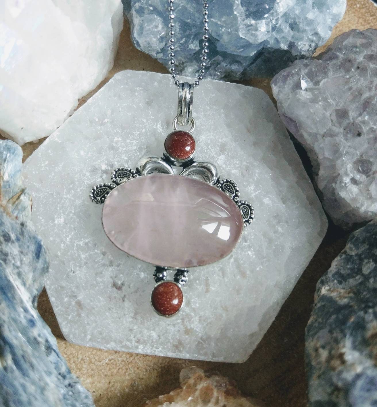 rose quartz and goldstone pendant necklace in 925 silver crystal healing jewelry natural Stone