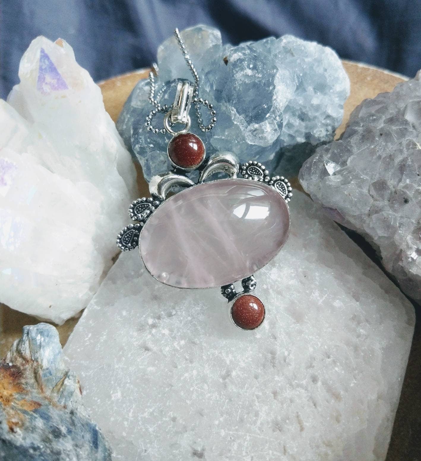 rose quartz and goldstone pendant necklace in 925 silver crystal healing jewelry natural Stone