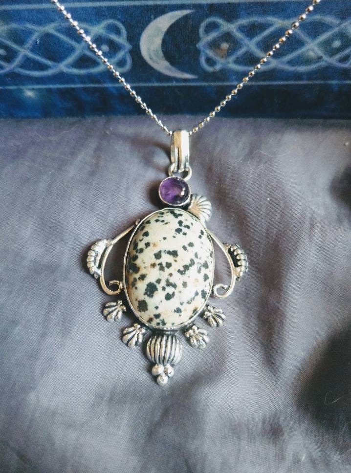 Dalmation Jasper and amethyst necklace in 925 silver pendant natural Stone crystal jewelry