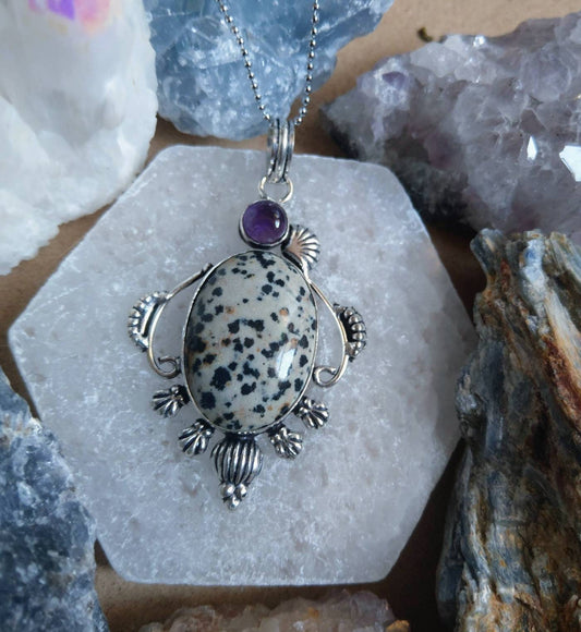 Dalmation Jasper and amethyst necklace in 925 silver pendant natural Stone crystal jewelry