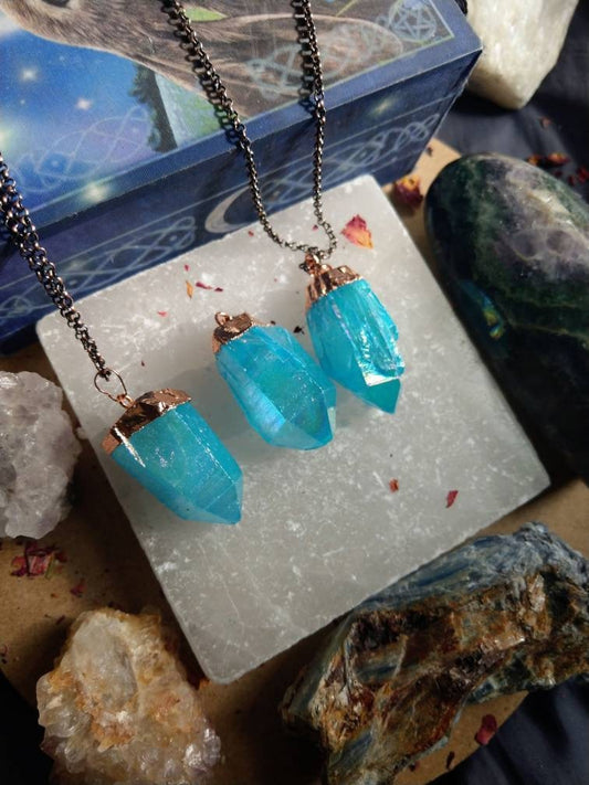 Aqua Aura Quartz raw pendant Necklace gift for her or him Crystal healing natural stone witchy jewellery gemstone jewelry hor women or men