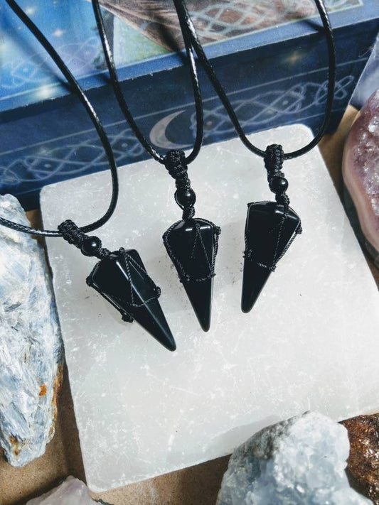 Black Obsidian necklace adjustable Crystal healing cone Pendant natural stone  Courage, Strength, Protection, Grief, Truth