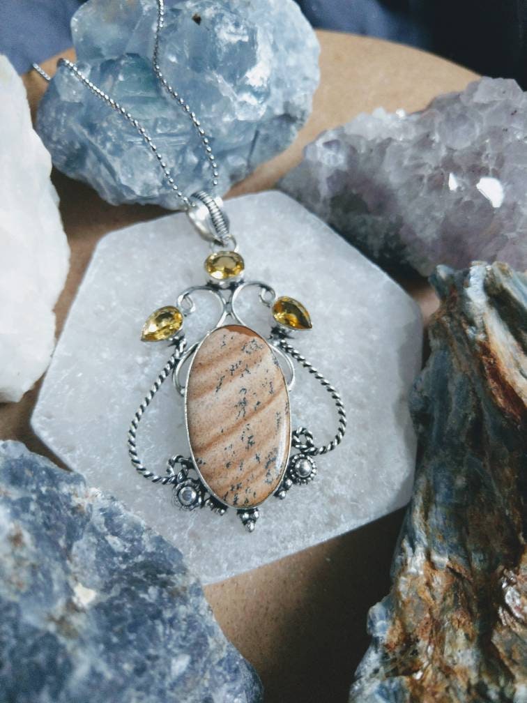 Picture Jasper necklace with citrine in 925 silver pendant natural stone crystal healing jewellery