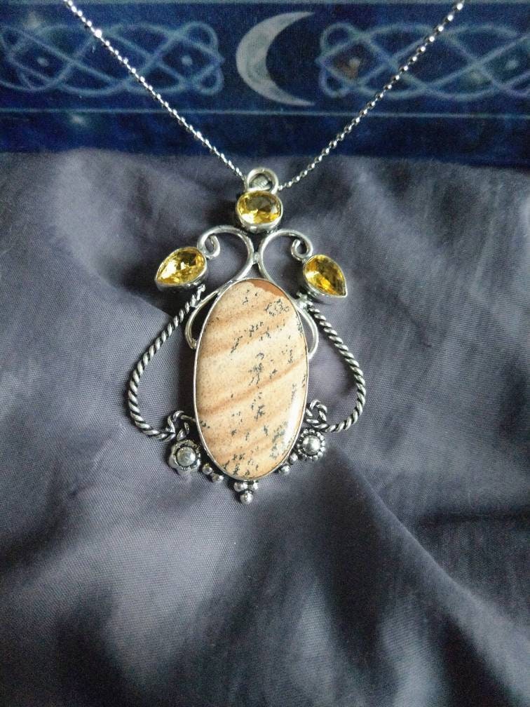 Picture Jasper necklace with citrine in 925 silver pendant natural stone crystal healing jewellery