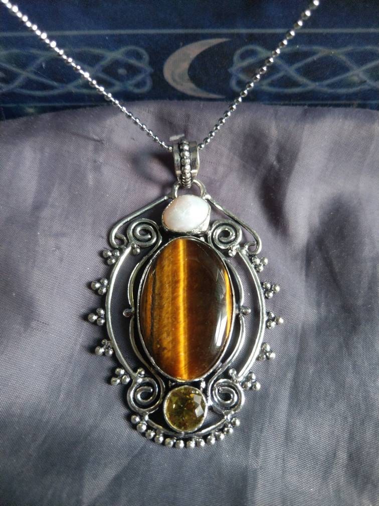 Tigers eye pearl and citrine necklace  925 silver crystal healing  jewelry witchy jewelry for him or her