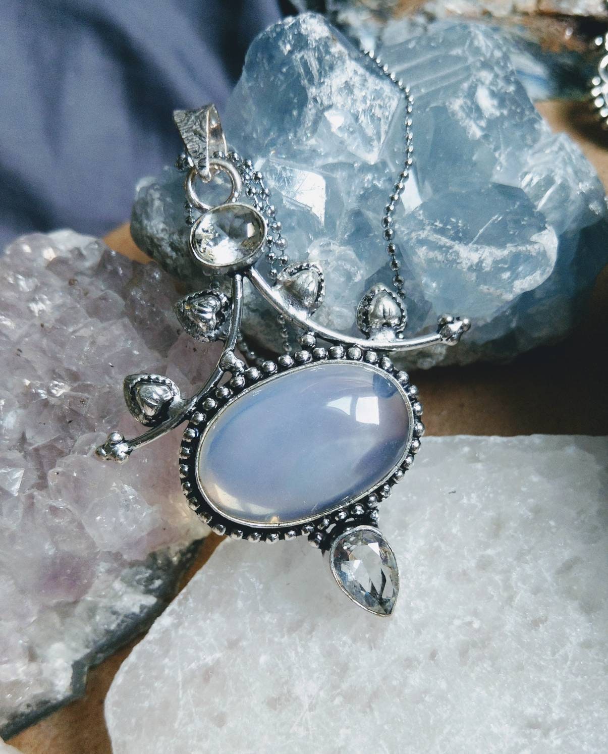 opalite necklace with white topaz in 925 silver pendant crystal natursl stone