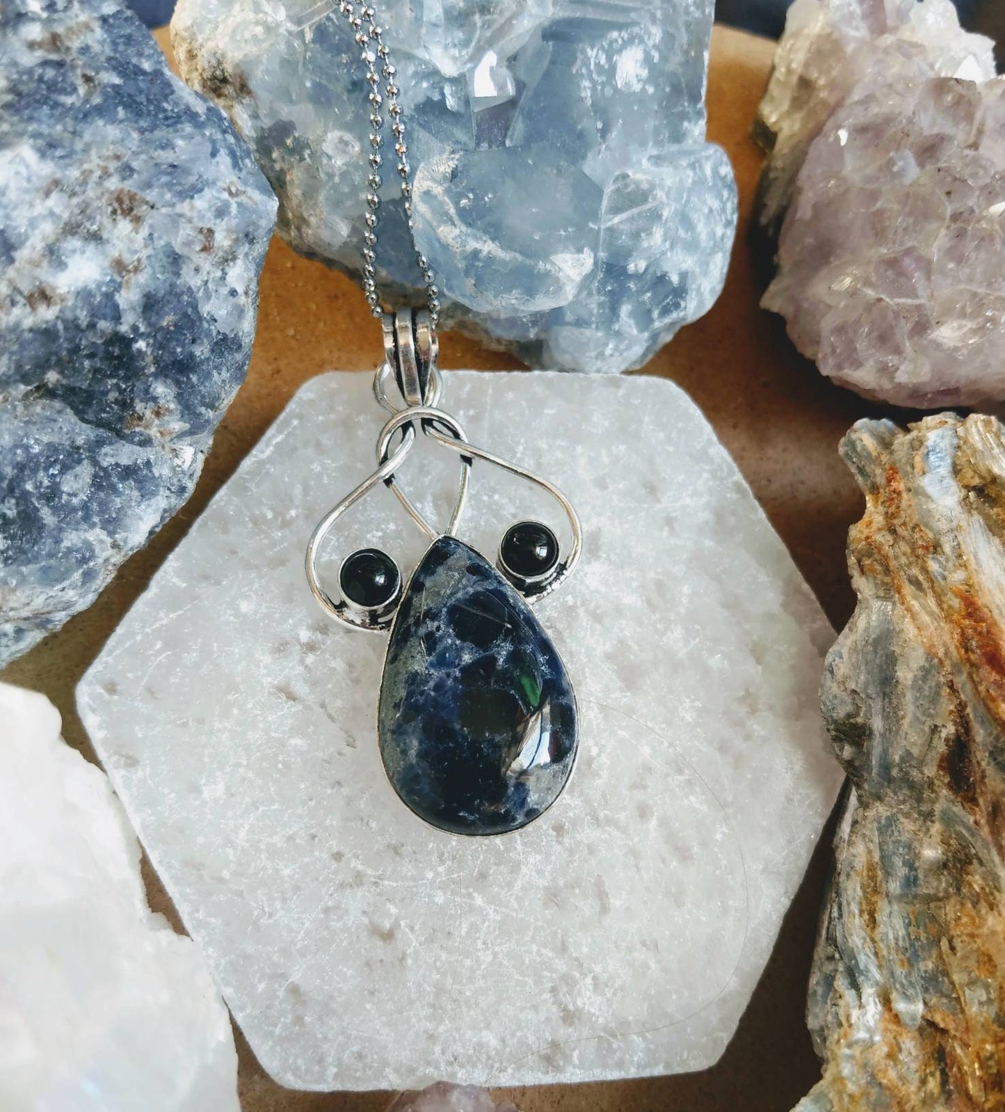 sodalite and black onyx pendant necklace in 925 silver, crystal healing natural stone statement jewellery