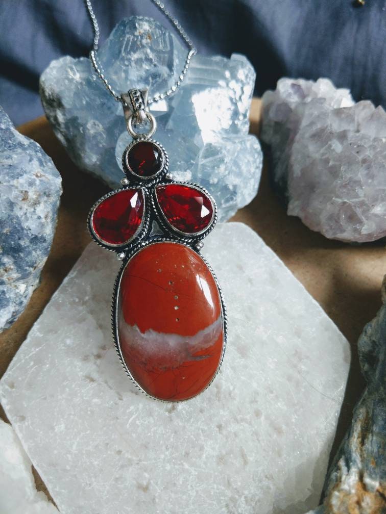 Red Jasper necklace with Red Garnet 925 silver pendant Crystal healing natural stone  Grounding Protection