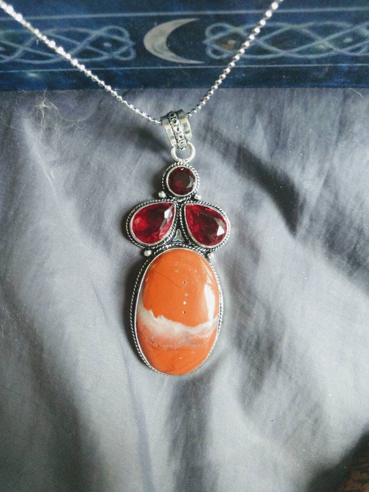 Red Jasper necklace with Red Garnet 925 silver pendant Crystal healing natural stone  Grounding Protection