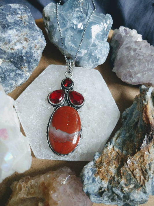 Red Jasper necklace with Red Garnet 925 silver pendant Crystal healing natural stone  Grounding Protection