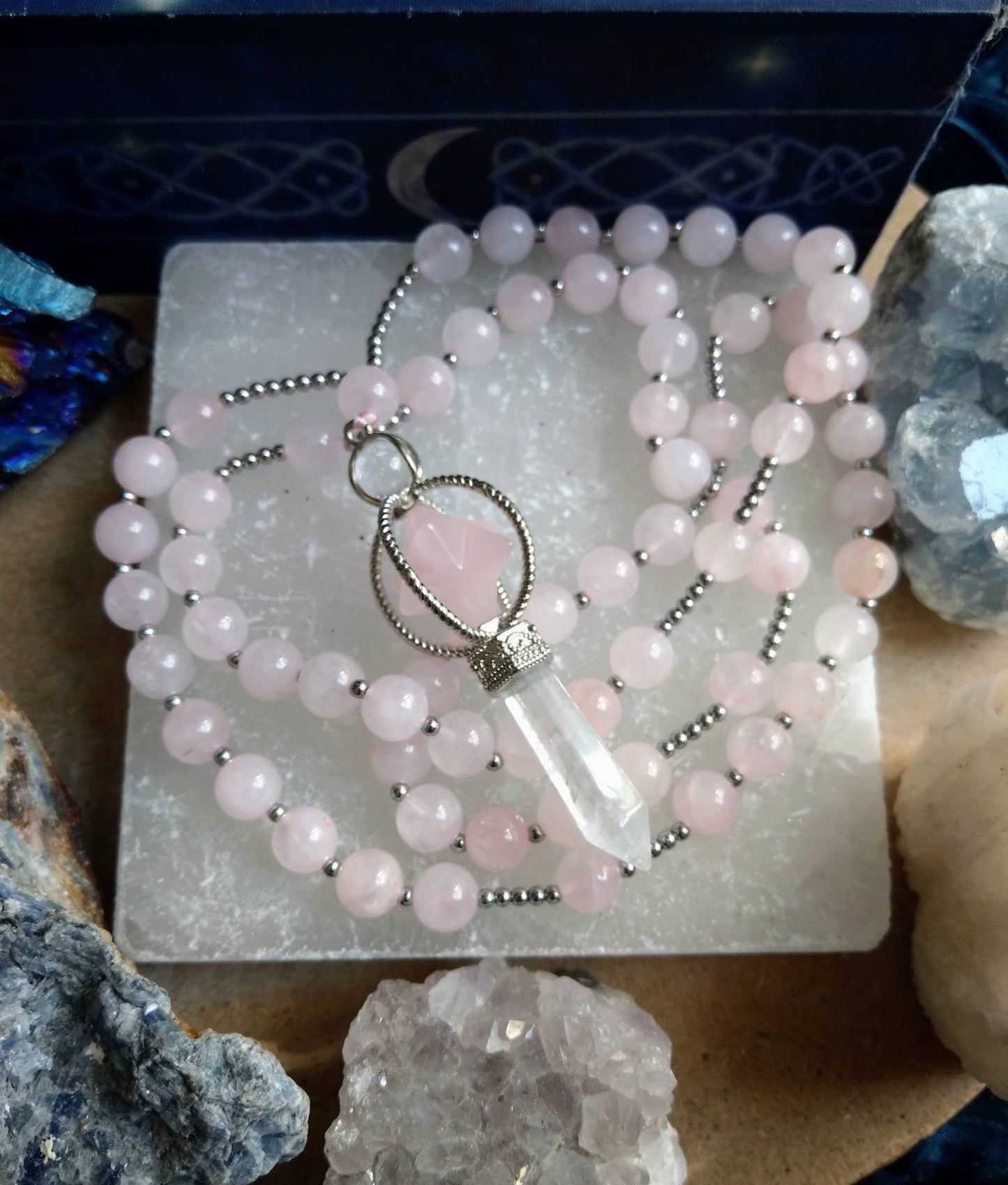 Rose Quartz Beaded Necklace with Merkaba Star and Clear Quartz Pendant