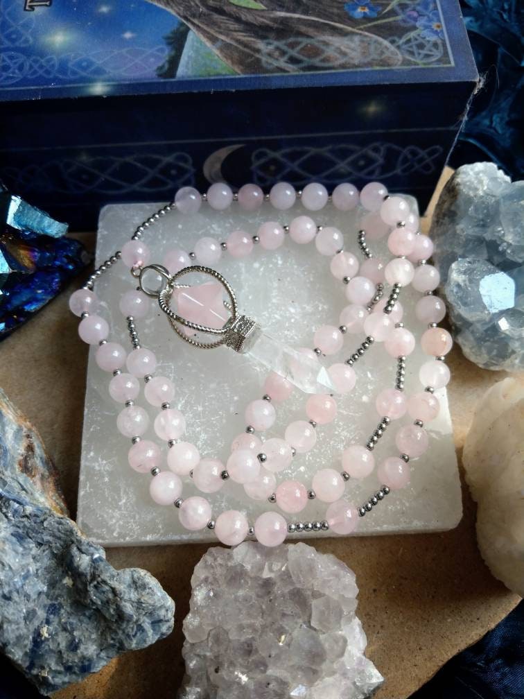 Rose Quartz Beaded Necklace with Merkaba Star and Clear Quartz Pendant