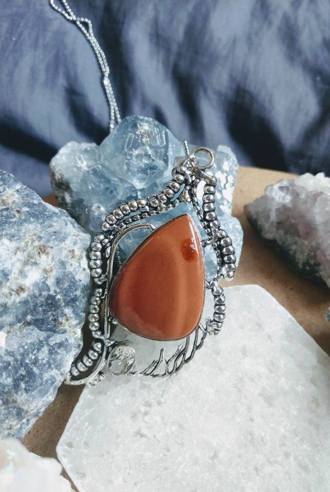 mookaite jasper necklace with clear topaz in 925 silver pendant Crystal healing natural Stone