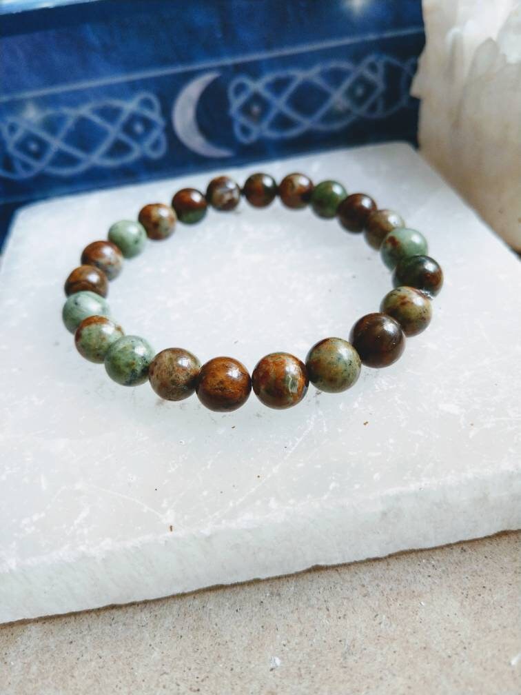 African green opal bracelet Crystal healing natural stone gift for him or her stacking stretch bead jewellery for men or women