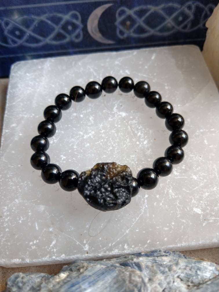 black tourmaline bracelet with raw tektite crystal healing natural stone - Protection, Grounding, Stability, Psychic Attack