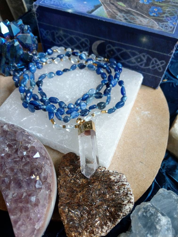 kyanite necklace with clear quartz point pendant knotted mala crystal healing natural stone jewellery for her jewelry for him