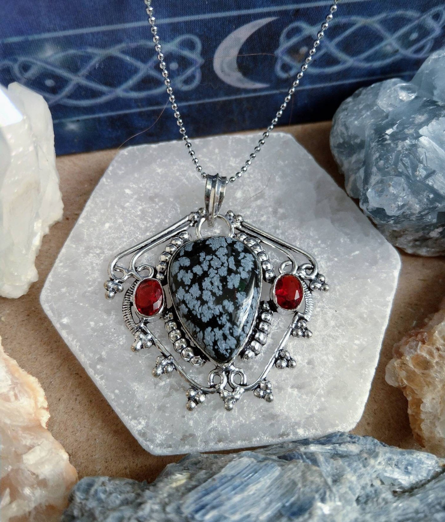 Snowflake Obsidian and Red Garnet necklace 925 silver pendant crystal healing natural stone