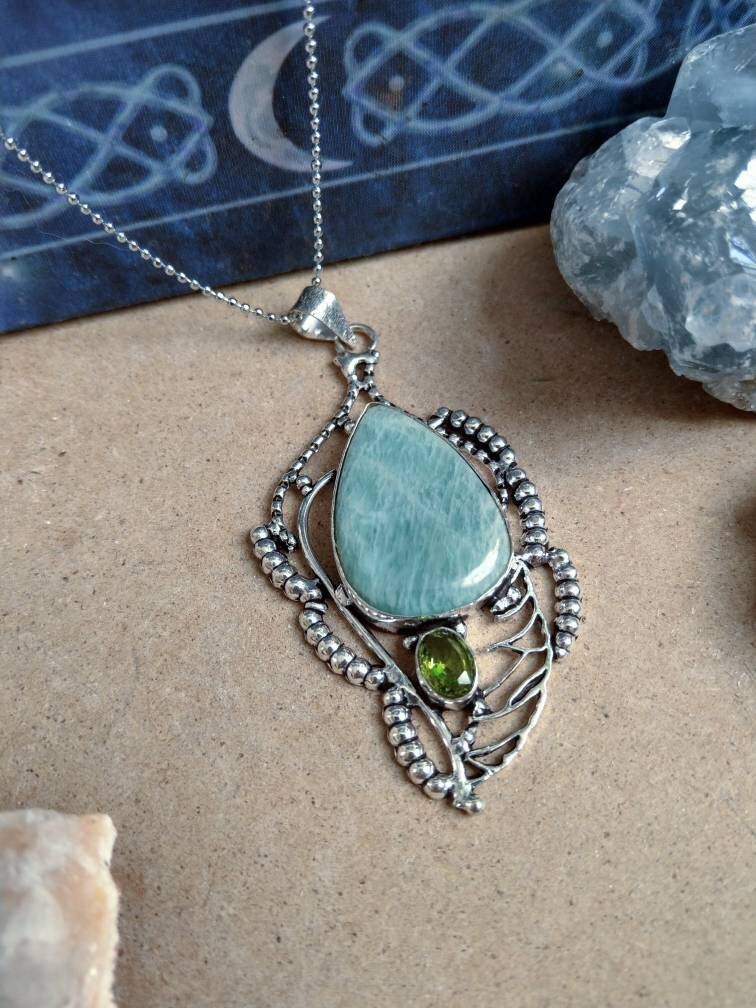 Amazonite and peridot pendant necklace natural stone 925 silver crystal healing