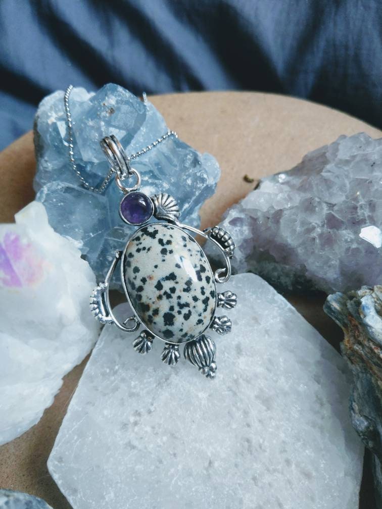 Dalmation Jasper and amethyst necklace in 925 silver pendant natural Stone crystal jewelry