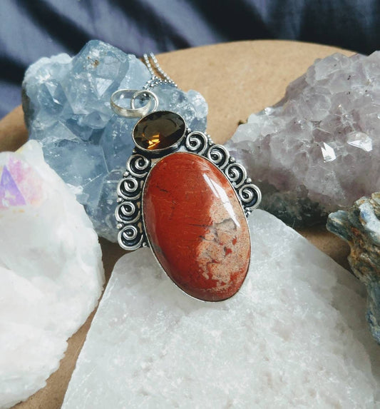 Red Jasper and smoky quartz necklace 925 silver pendant crystal healing natural stone jewellery