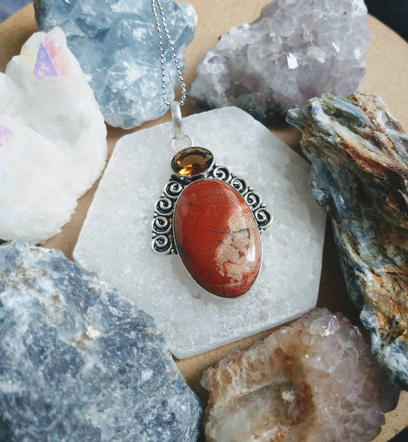 Red Jasper and smoky quartz necklace 925 silver pendant crystal healing natural stone jewellery