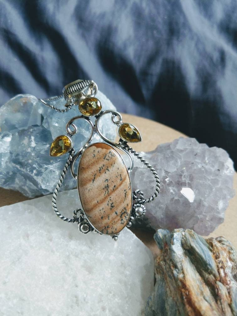 Picture Jasper necklace with citrine in 925 silver pendant natural stone crystal healing jewellery