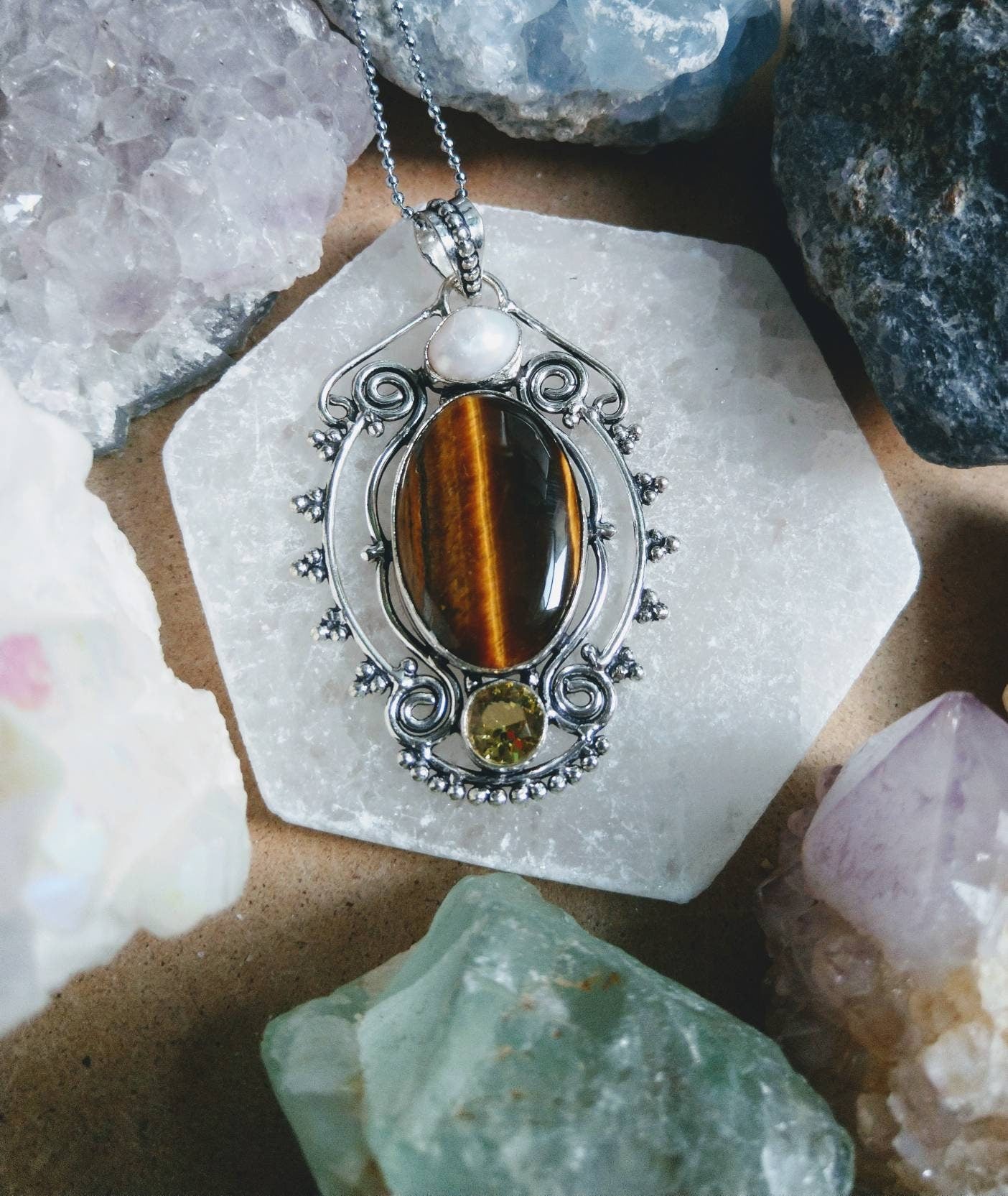 Tigers eye pearl and citrine necklace  925 silver crystal healing  jewelry witchy jewelry for him or her