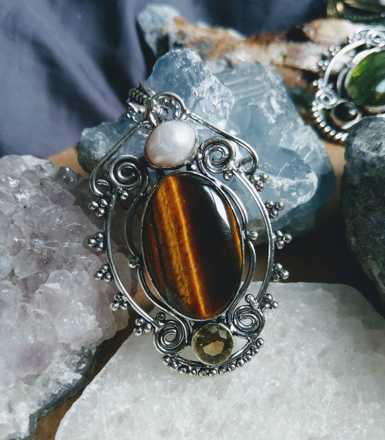 Tigers eye pearl and citrine necklace  925 silver crystal healing  jewelry witchy jewelry for him or her