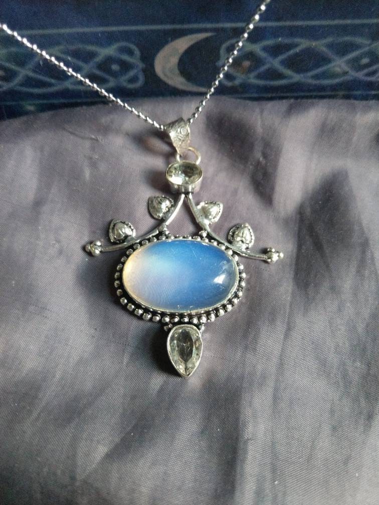 opalite necklace with white topaz in 925 silver pendant crystal natursl stone