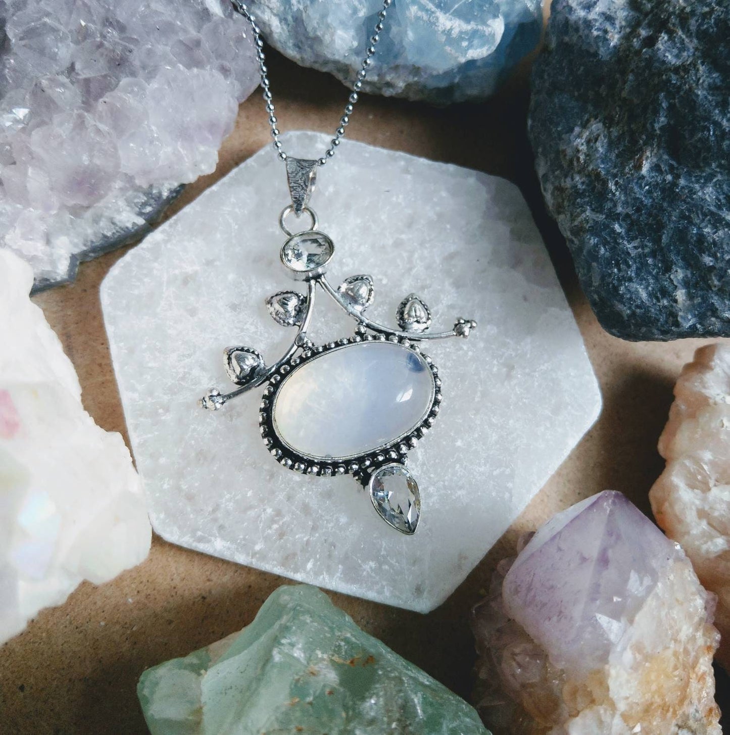 opalite necklace with white topaz in 925 silver pendant crystal natursl stone