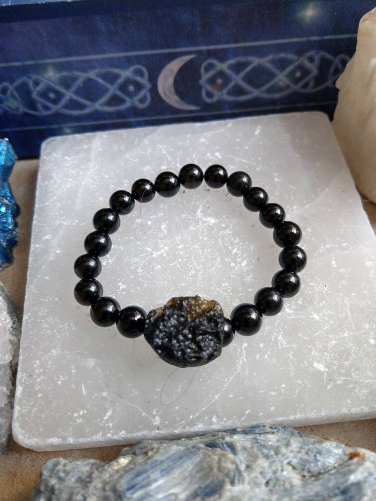 black tourmaline bracelet with raw tektite crystal healing natural stone - Protection, Grounding, Stability, Psychic Attack