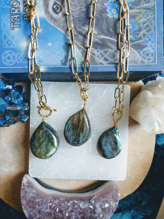 Labradorite necklace Large Stone teardrop natural stone crystal healimg witchy jewellery