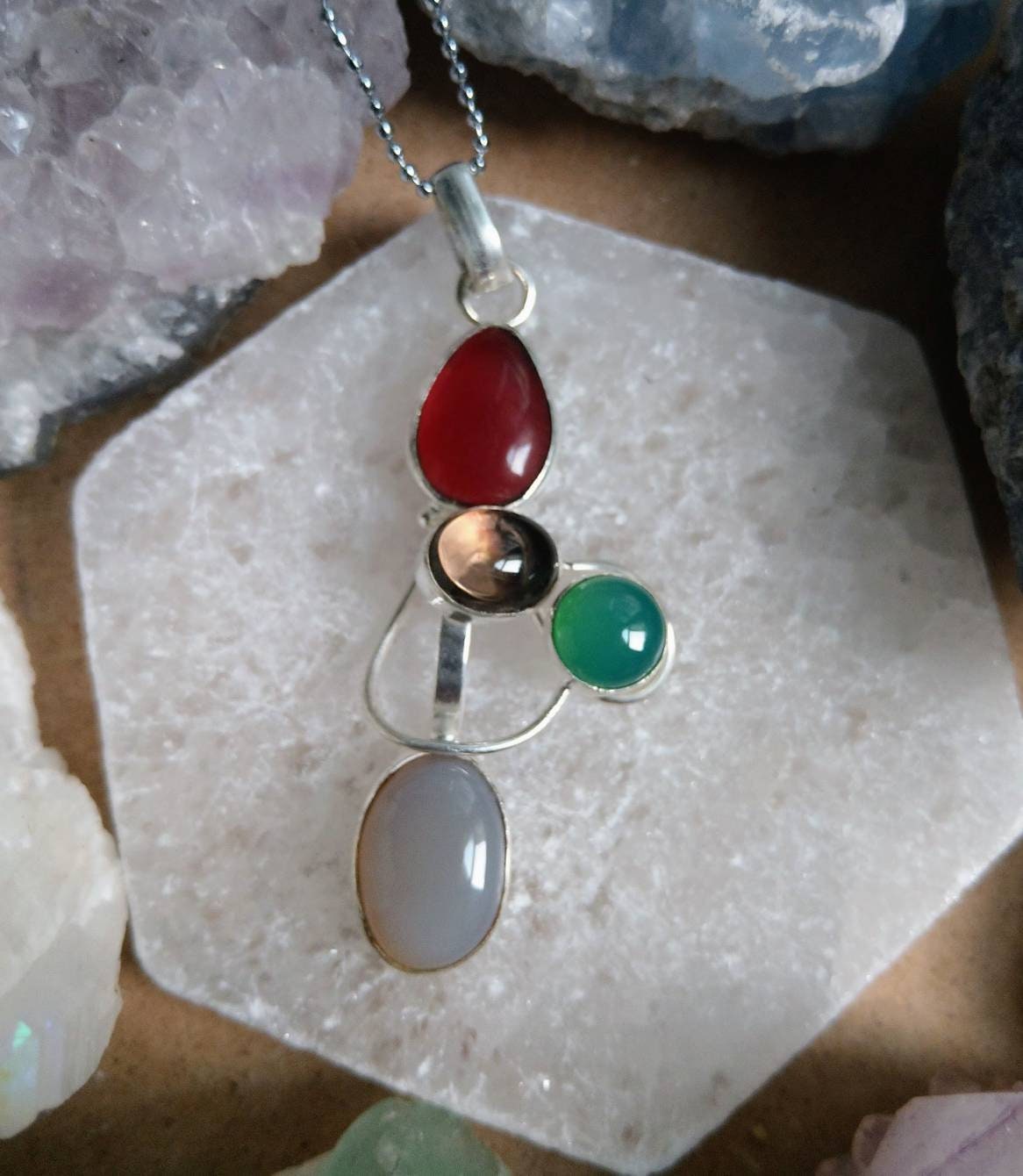 Carnelian, green onyx,  Botswana agate and smoky quartz in 925 silver pendant natural stone crystal  jewellery gift for her gemstone jewelry