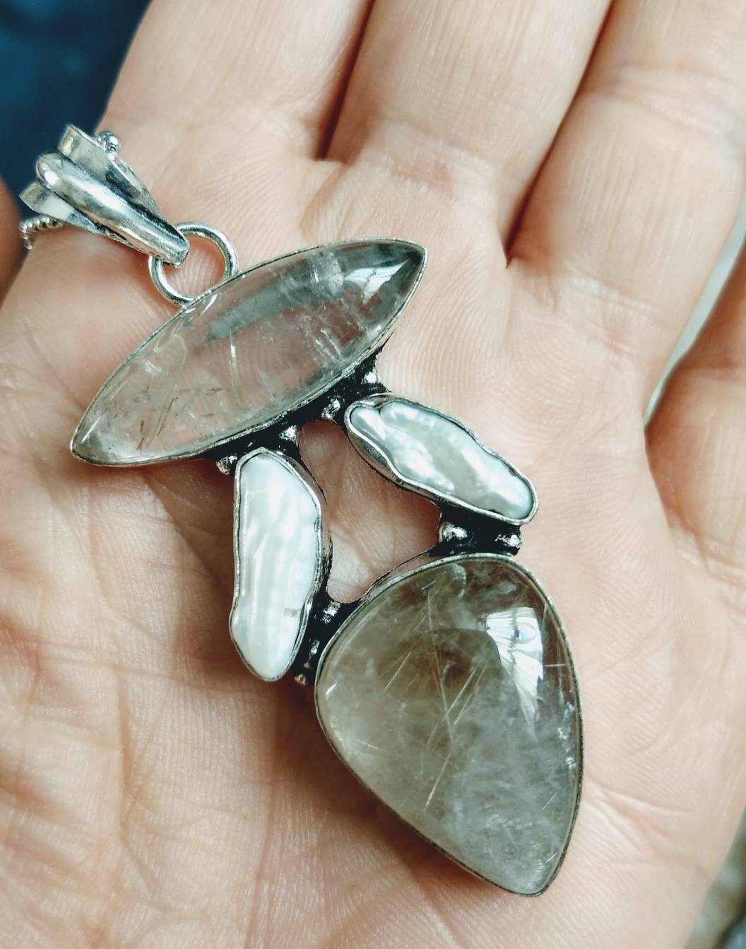 Golden rutilated quartz and pearl necklace in 925 silver pendant crystal healimg statement jewellery