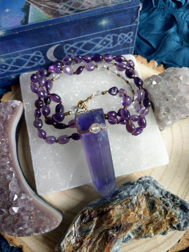 Amethyst and clear quartz necklace knotted with a large purple fluorite point pendant crystal healing gift for him or her witchy jewellery