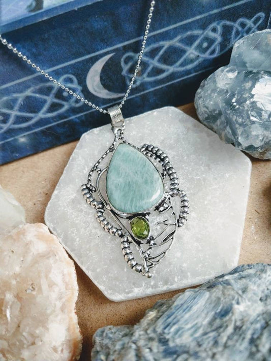 Amazonite and peridot pendant necklace natural stone 925 silver crystal healing